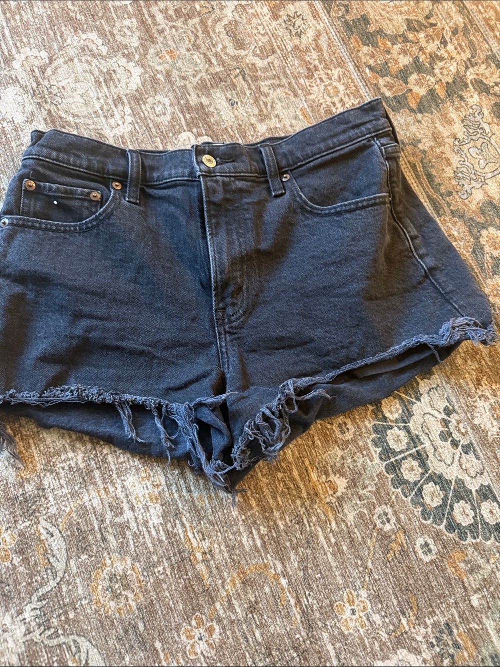 Dark Black Blue Denim Frayed Hem Women's Shorts